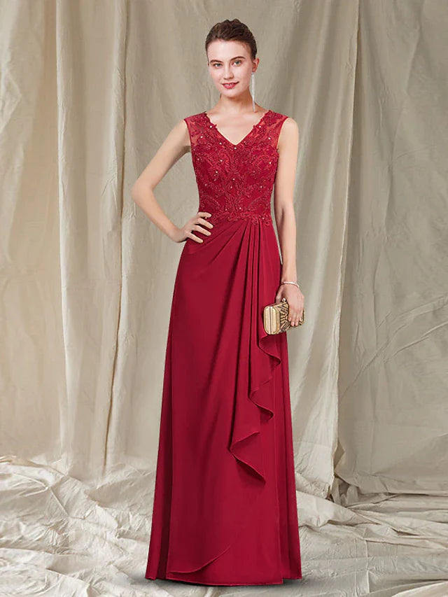 Wholesale A-Line Mother of the Bride Dress Elegant V Neck Floor Length Chiffon Lace Sleeveless with Pleats Beading Appliques
